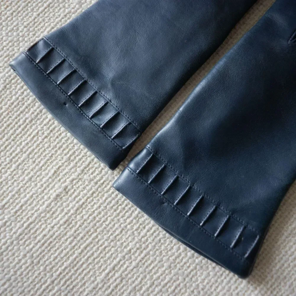 Vintage Navy Vinyl Leather Winter Retro Embossed Lined Women's Gloves